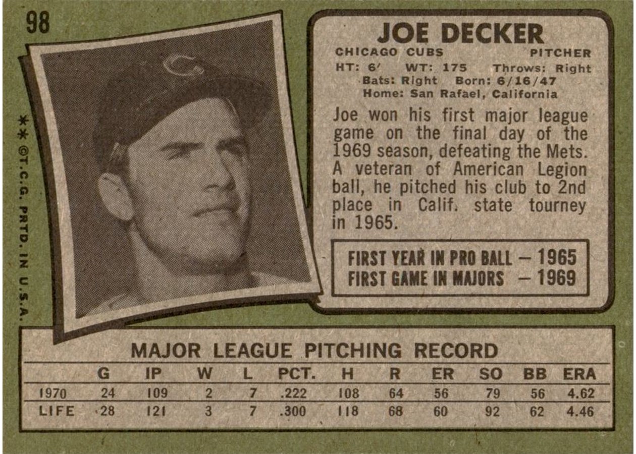 1971 Topps #98 Joe Decker card back