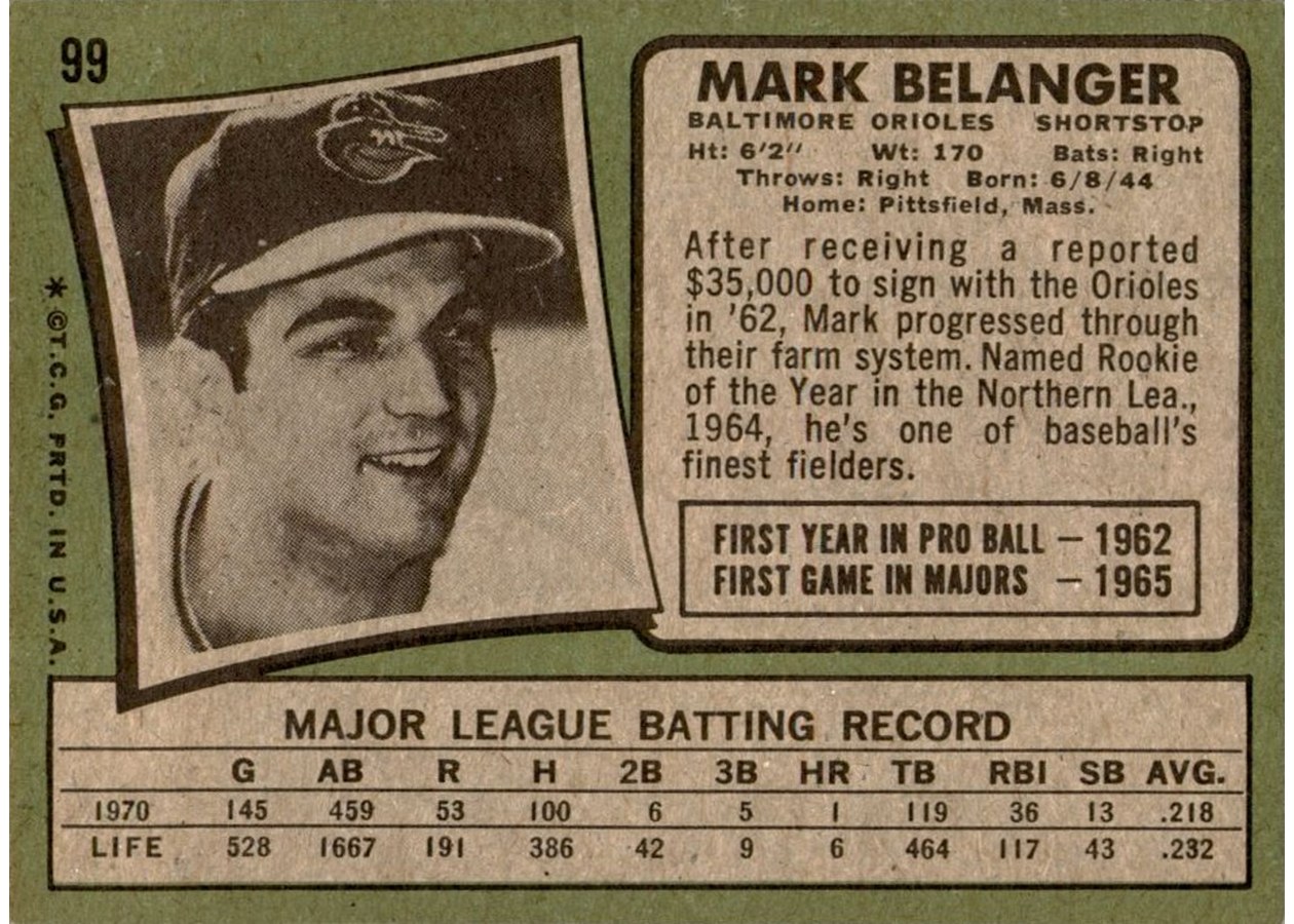 1971 Topps #99 Mark Belanger card back