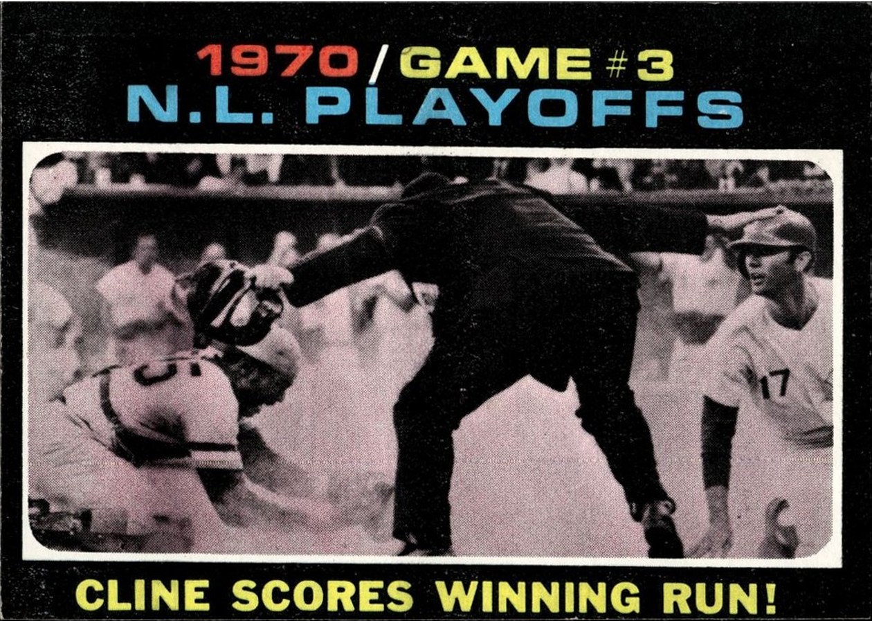 1971 Topps #201 1970 N.L. Playoffs Game 3: Cline Scores Winning Run!, Cincinnati Reds