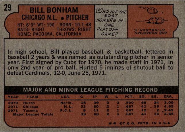 1972 Topps #29 Bill Bonham - 29b - Green Under C and S (back)