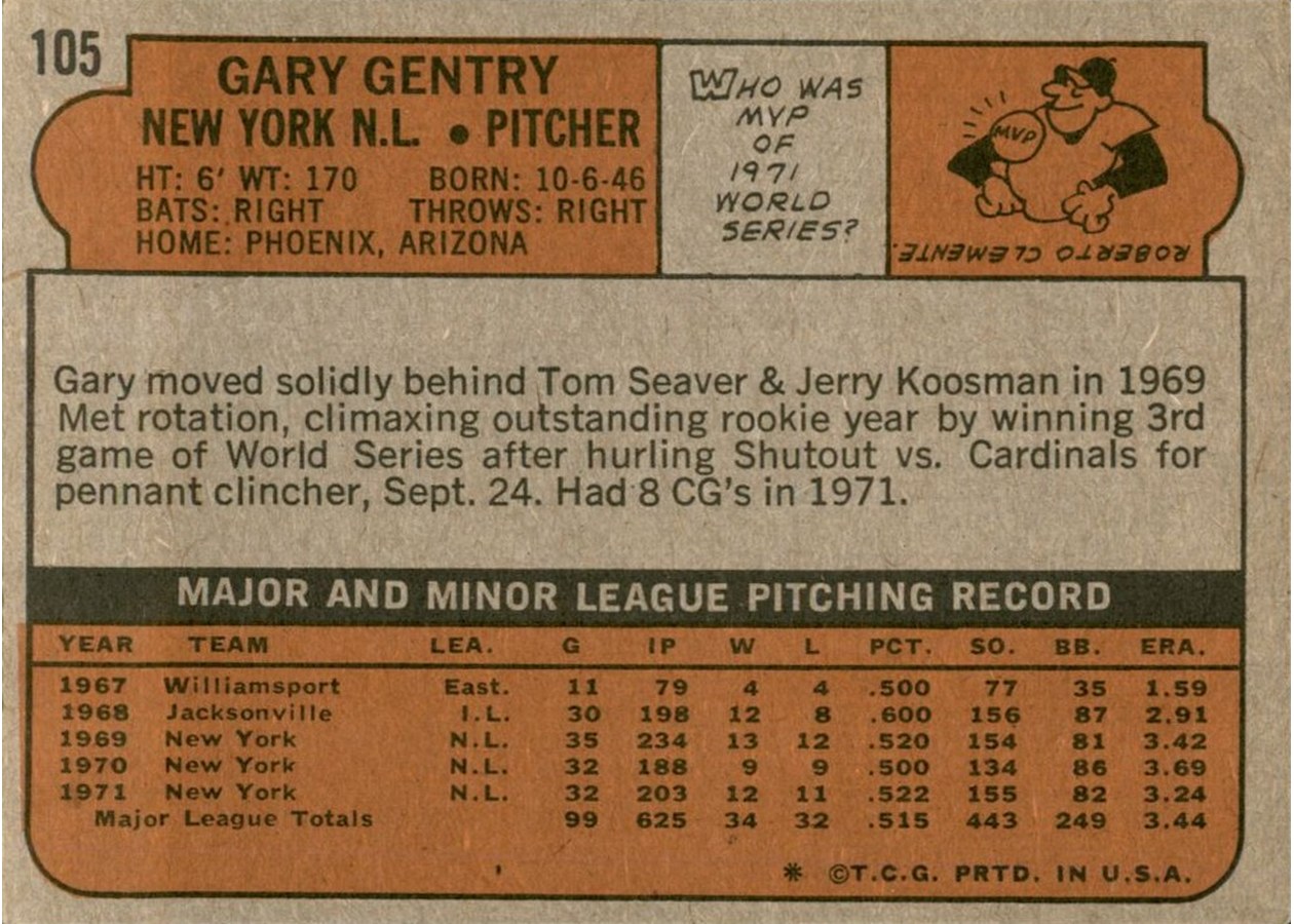1972 Topps #105 Gary Gentry card back