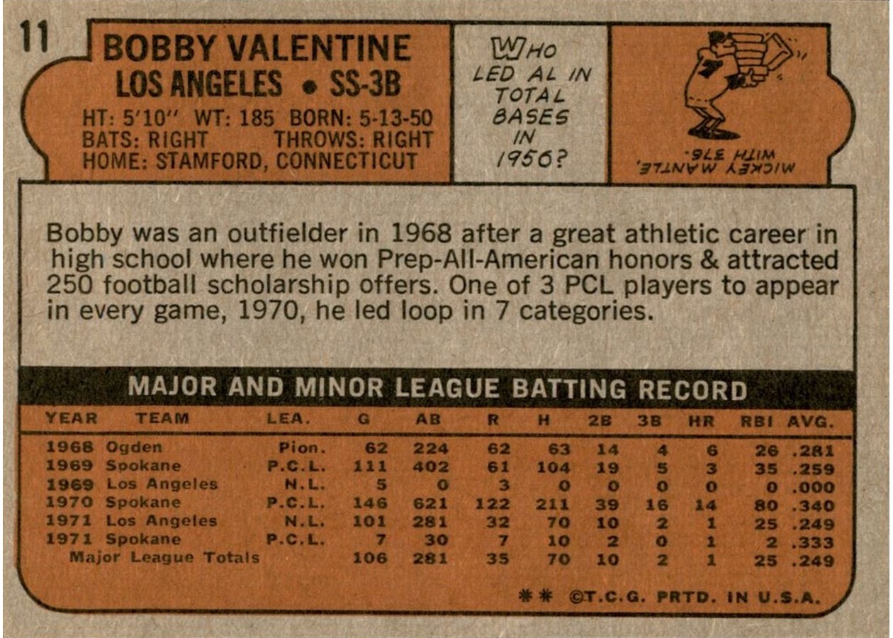1972 Topps #11 Bobby Valentine card back