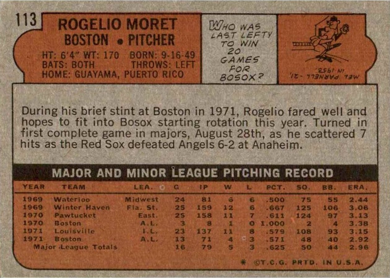 1972 Topps #113 Rogelio Moret card back