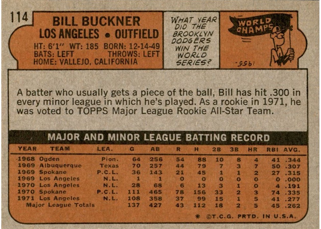 1972 Topps #114 Bill Buckner card back