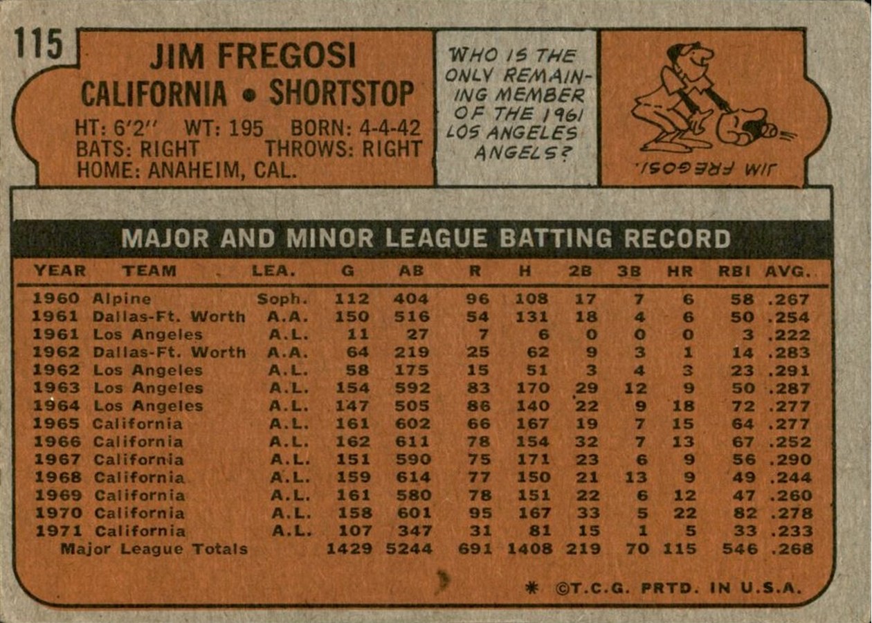 1972 Topps #115 Jim Fregosi card back