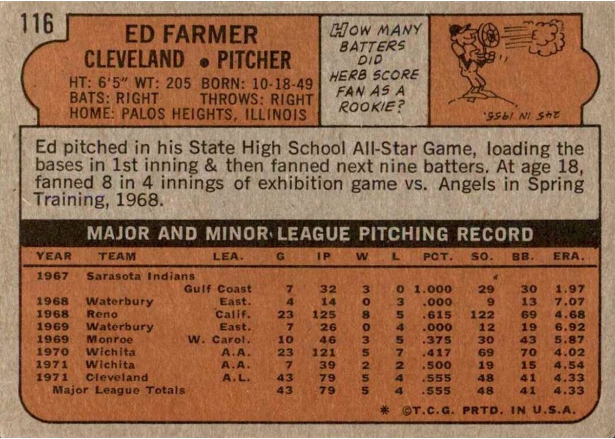 1972 Topps #116 Ed Farmer card back