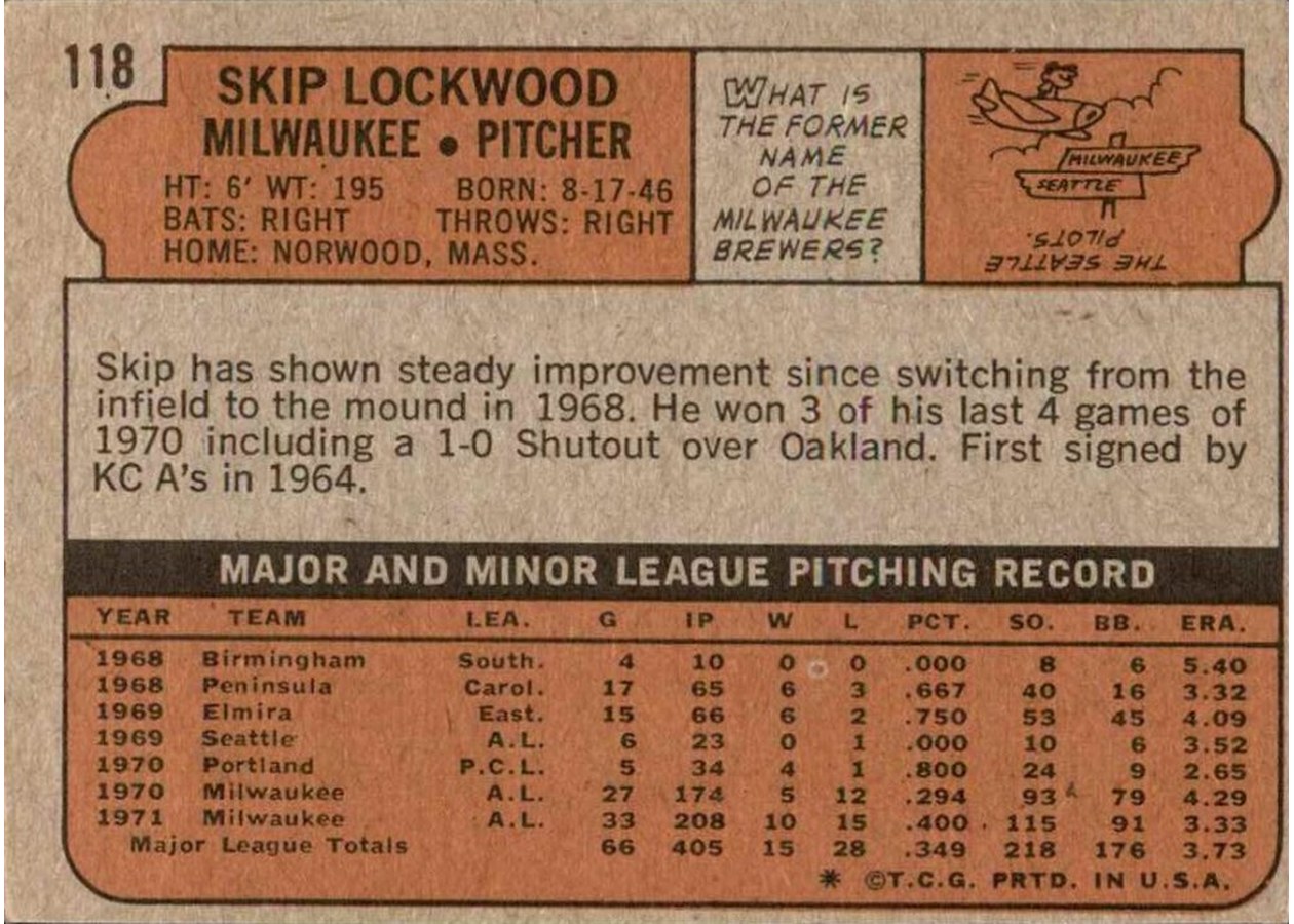 1972 Topps #118 Skip Lockwood card back