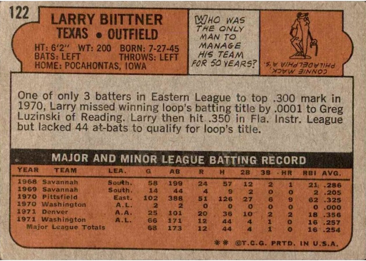 1972 Topps #122 Larry Biittner card back