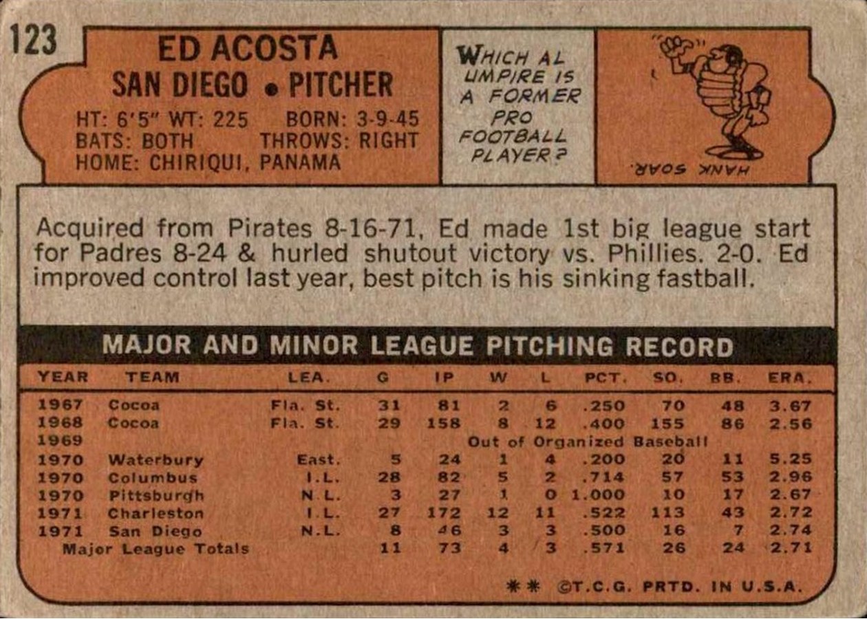 1972 Topps #123 Ed Acosta card back