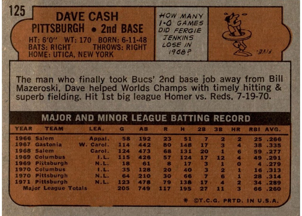 1972 Topps #125 Dave Cash card back