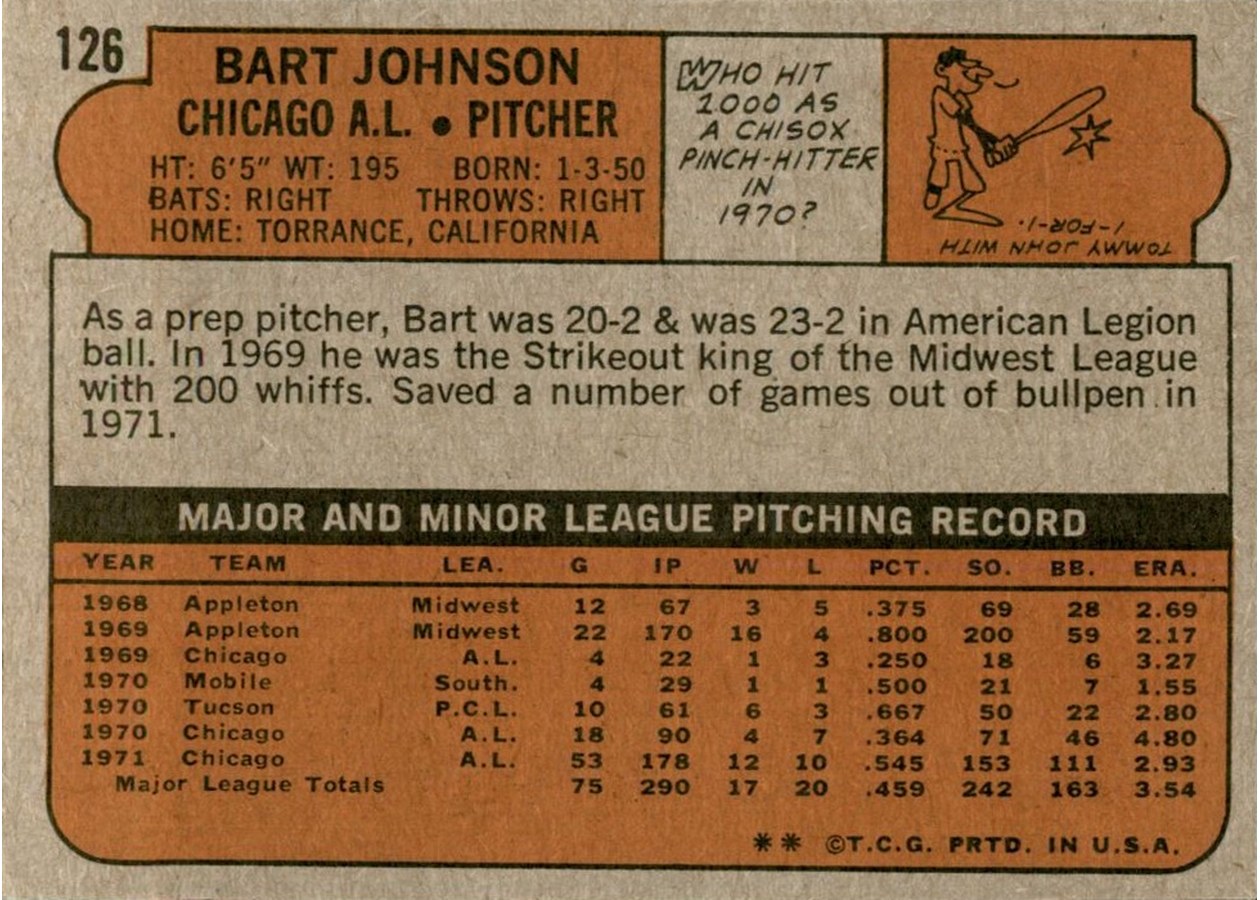 1972 Topps #126 Bart Johnson card back