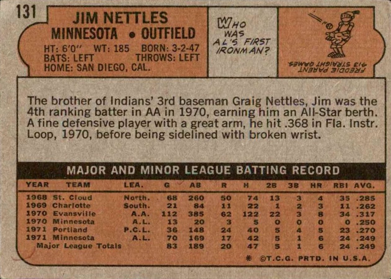 1972 Topps #131 Jim Nettles card back