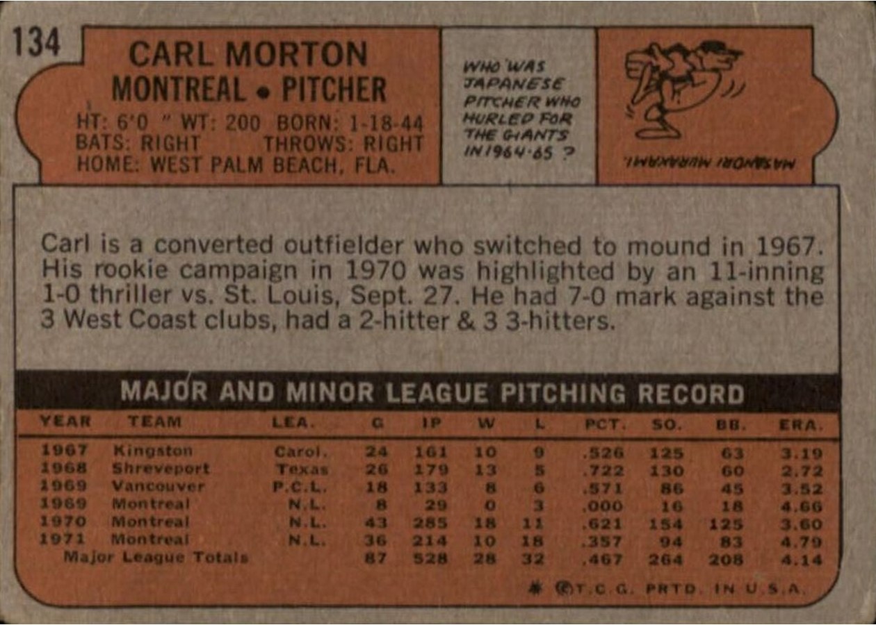 1972 Topps #134 Carl Morton card back