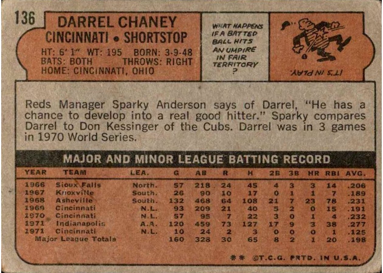 1972 Topps #136 Darrel Chaney card back