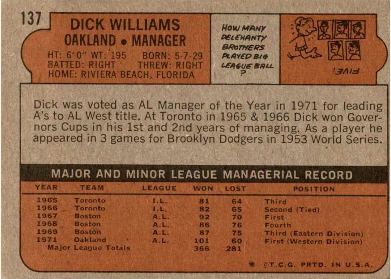 1972 Topps #137 Dick Williams card back