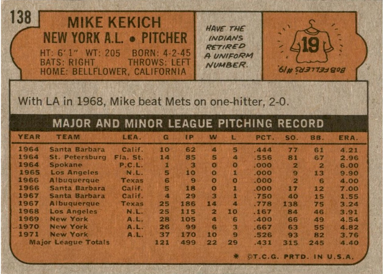 1972 Topps #138 Mike Kekich card back