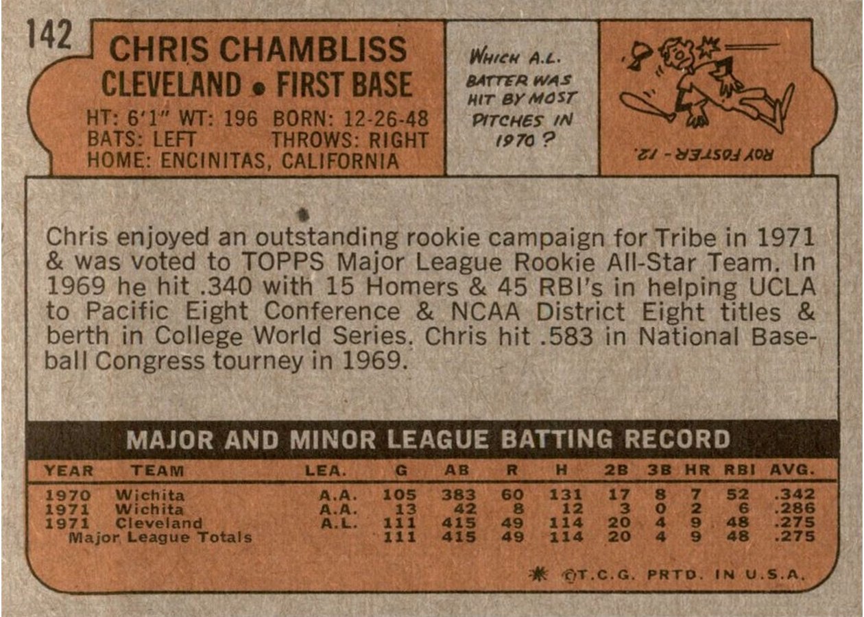 1972 Topps #142 Chris Chambliss card back