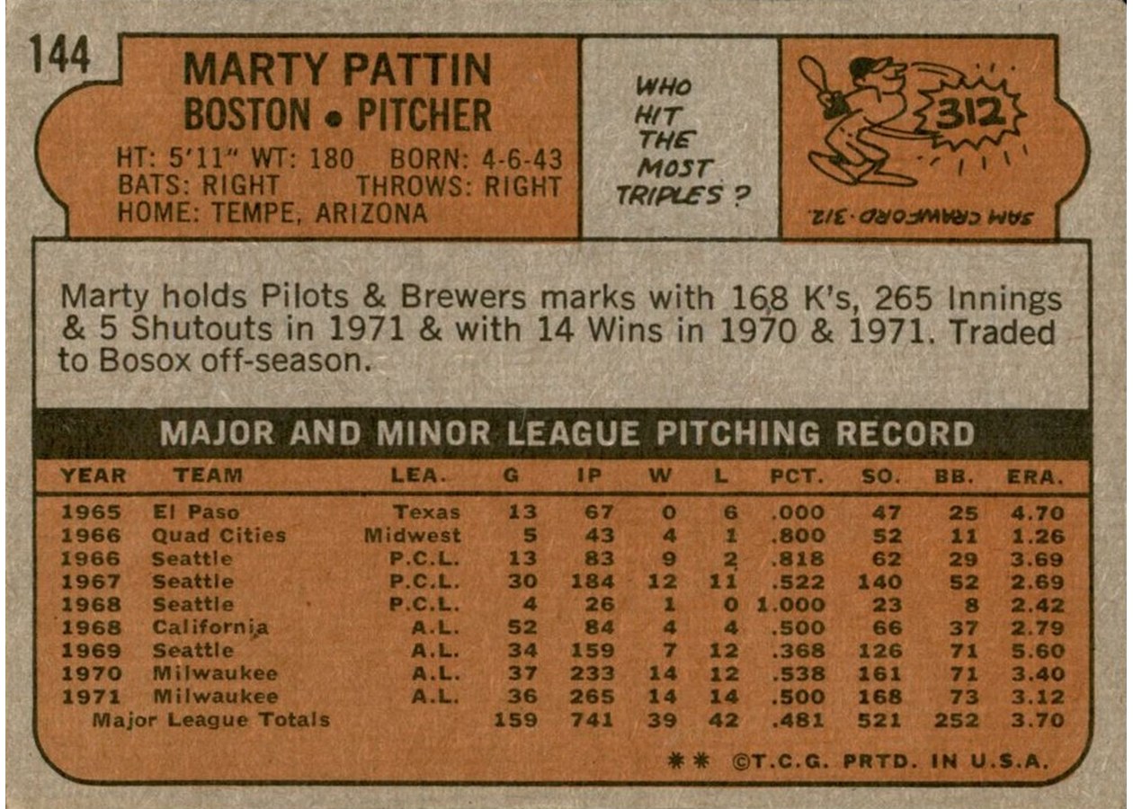 1972 Topps #144 Marty Pattin card back