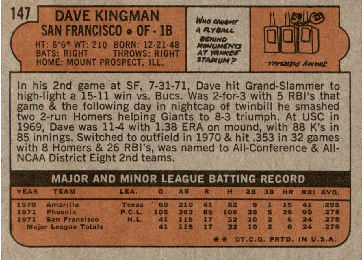 1972 Topps #147 Dave Kingman card back