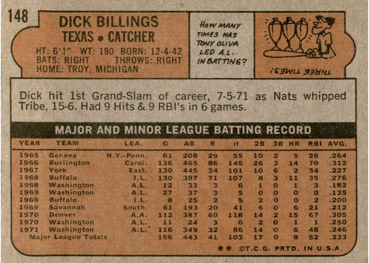 1972 Topps #148 Dick Billings card back
