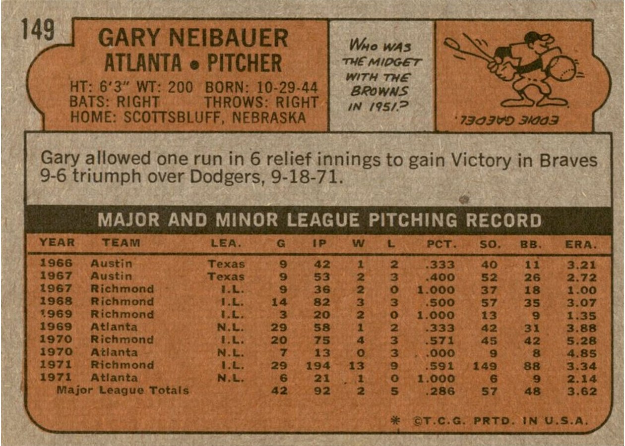 1972 Topps #149 Gary Neibauer card back