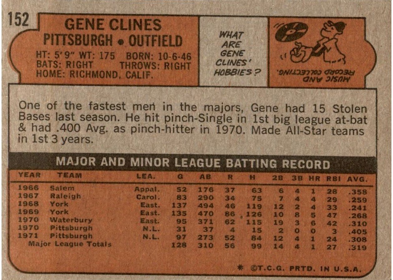 1972 Topps #152 Gene Clines card back