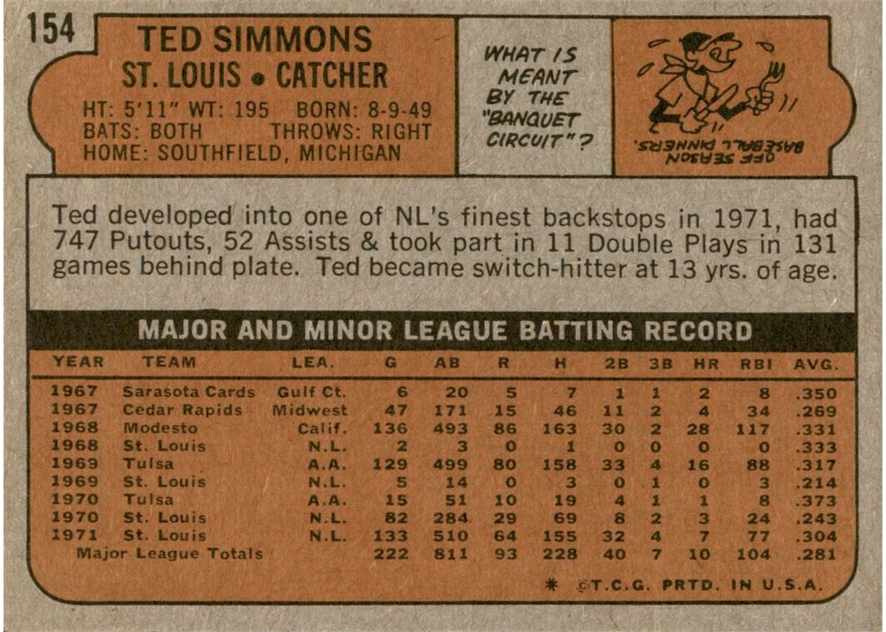 1972 Topps #154 Ted Simmons card back