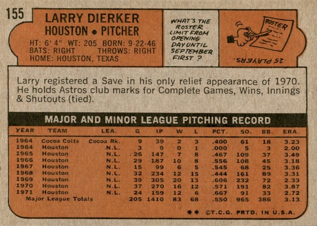 1972 Topps #155 Larry Dierker card back