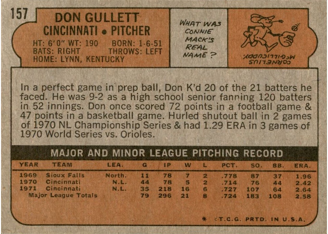 1972 Topps #157 Don Gullett card back