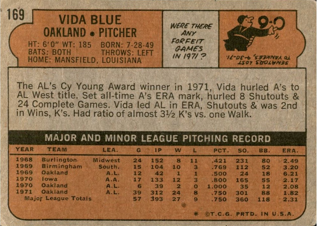 1972 Topps #169 Vida Blue card back
