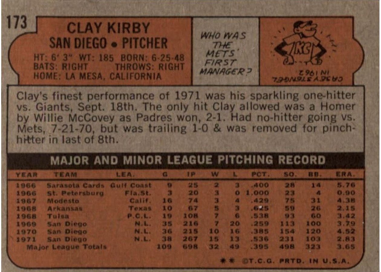 1972 Topps #173 Clay Kirby card back