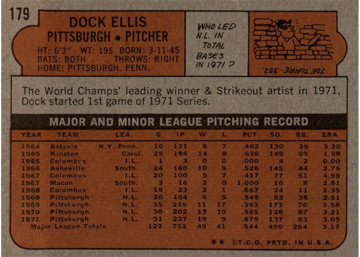 1972 Topps #179 Dock Ellis card back