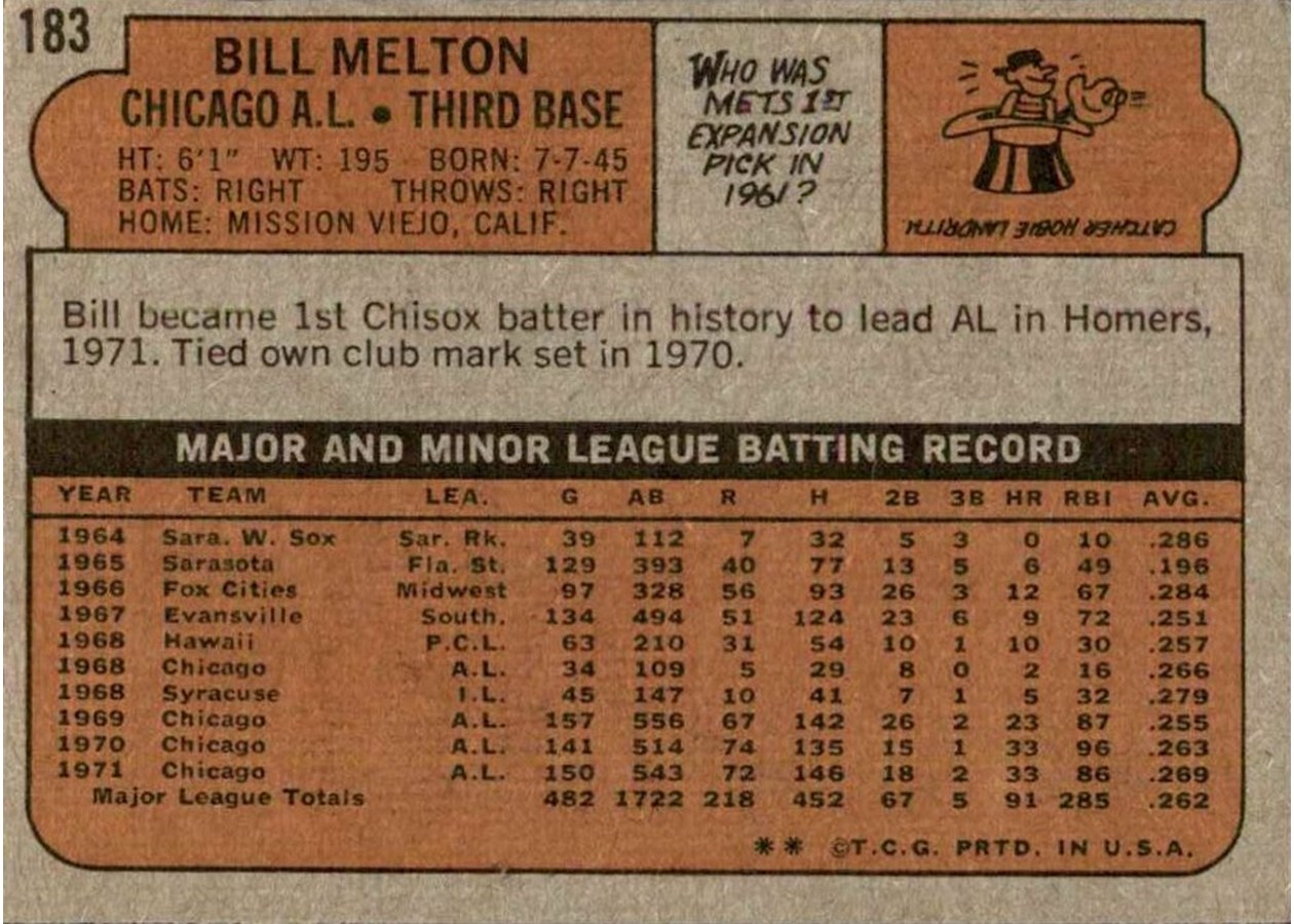1972 Topps #183 Bill Melton card back
