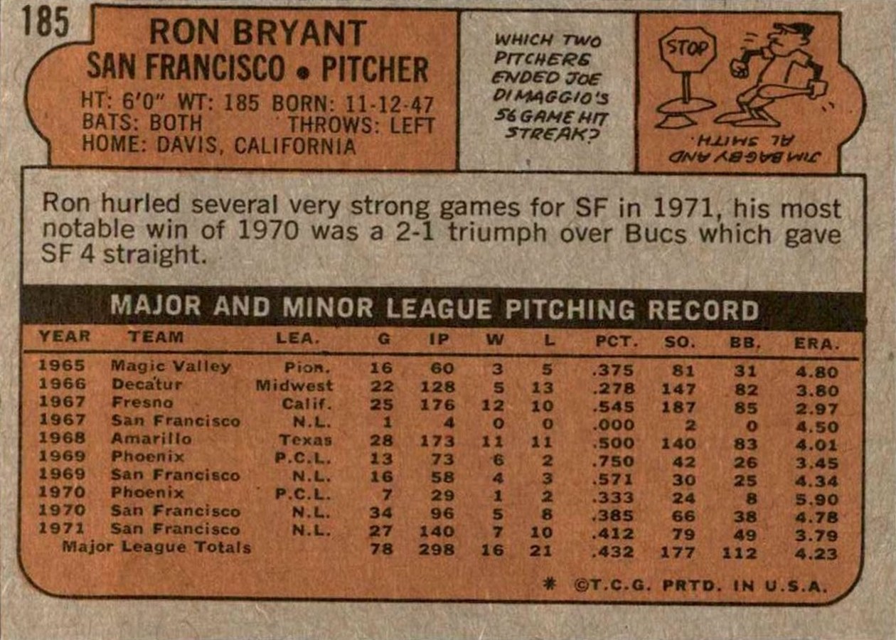 1972 Topps #185 Ron Bryant card back