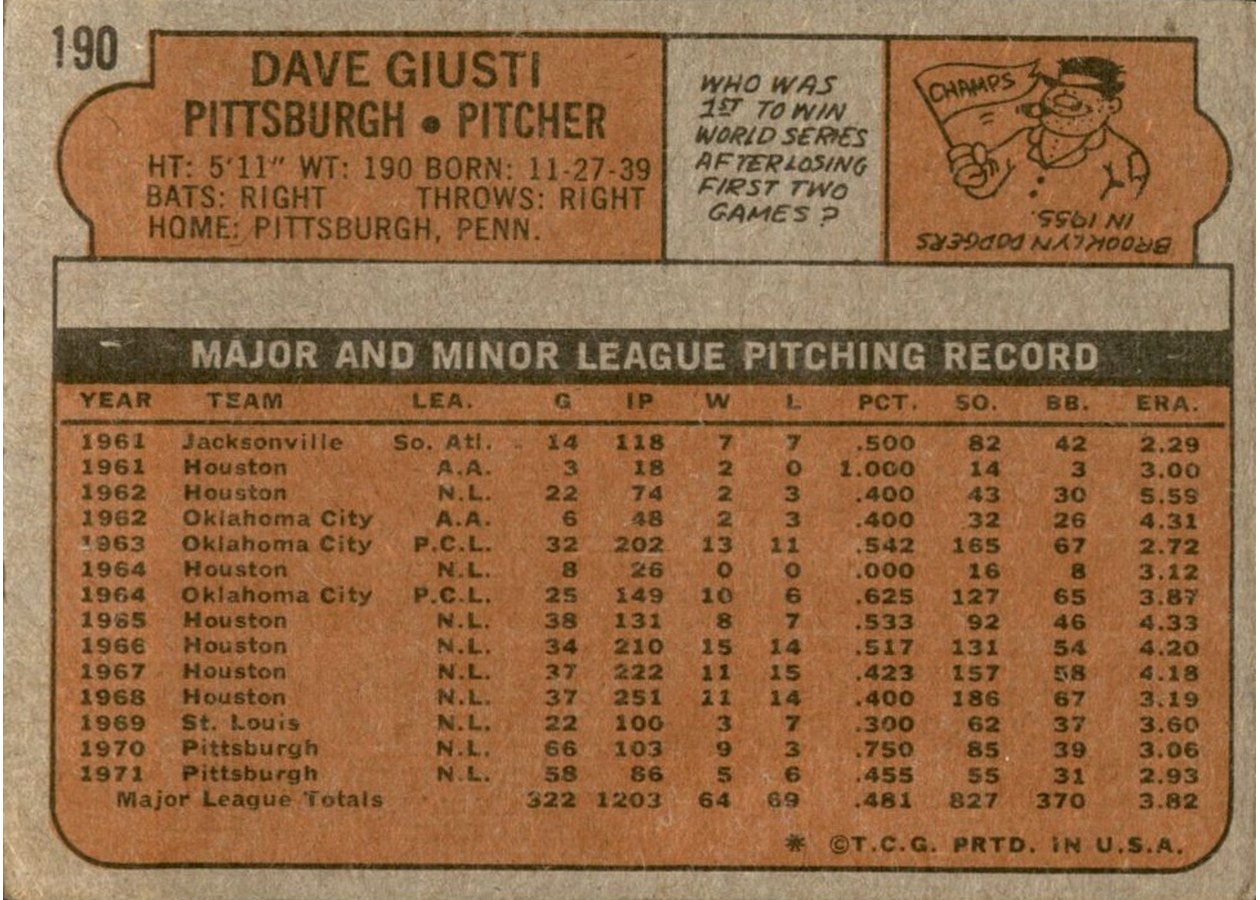 1972 Topps #190 Dave Giusti card back