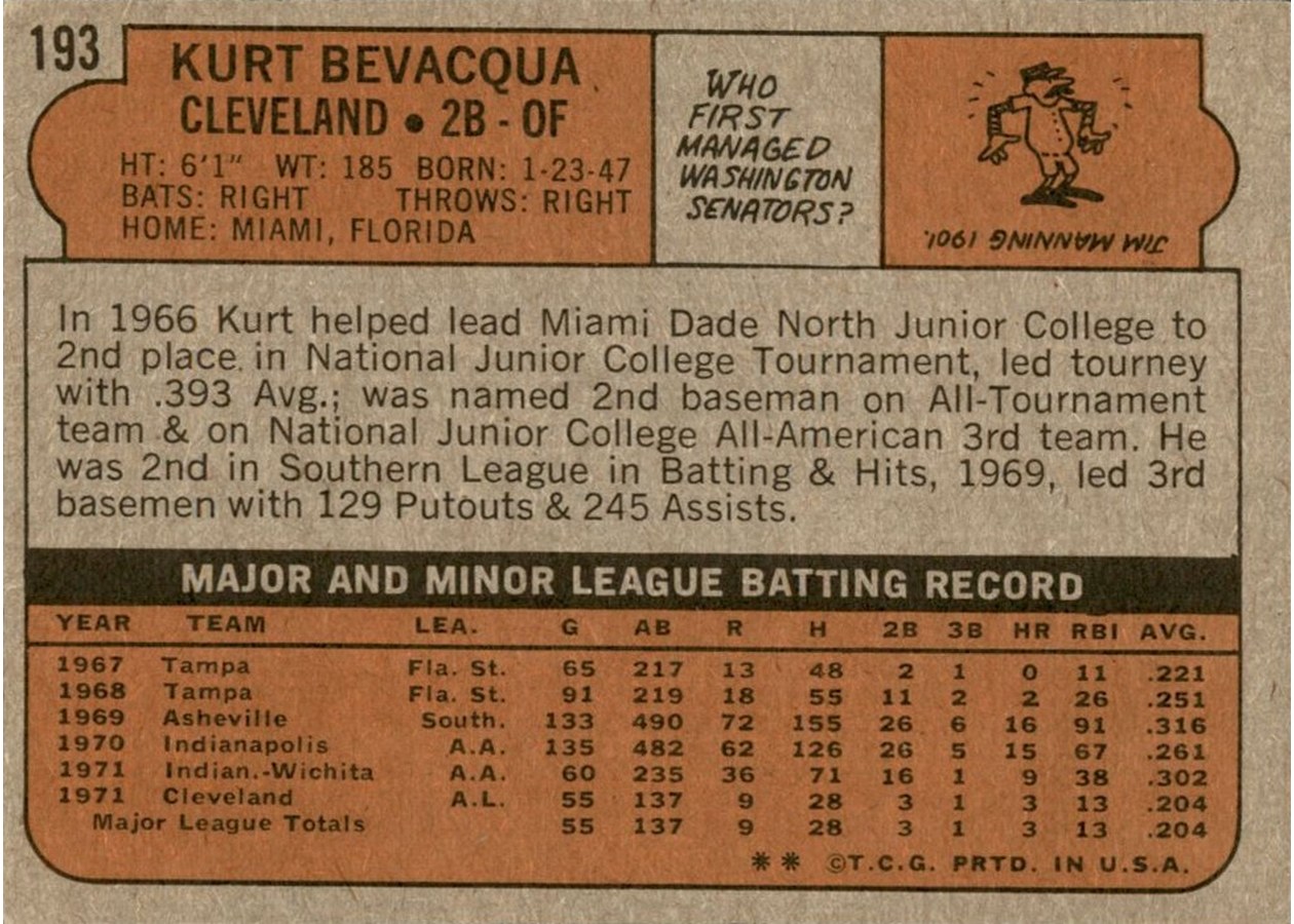 1972 Topps #193 Kurt Bevacqua card back