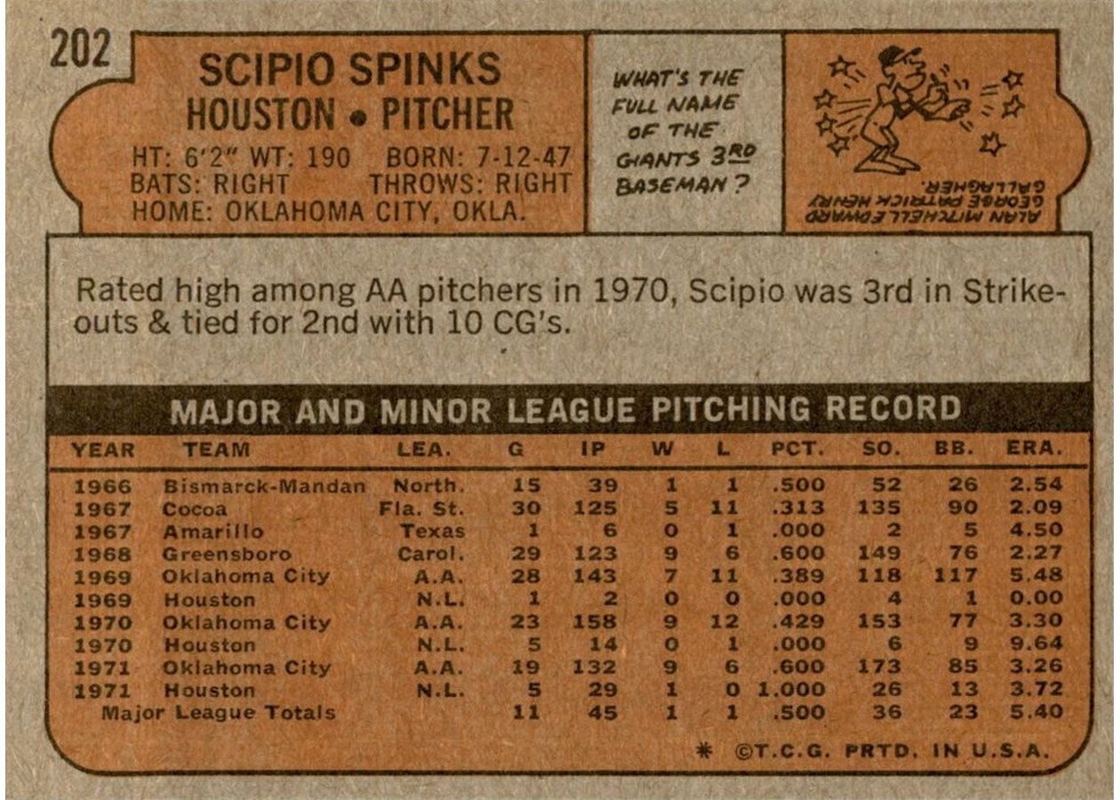 1972 Topps #202 Scipio Spinks card back