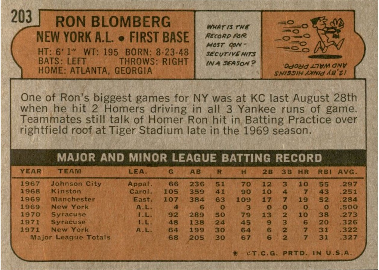1972 Topps #203 Ron Blomberg card back