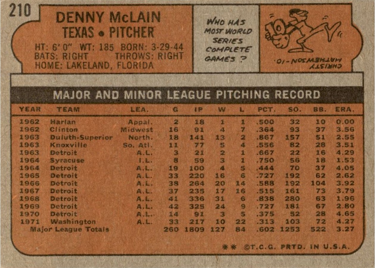 1972 Topps #210 Denny McLain card back