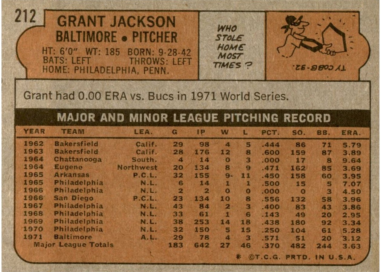 1972 Topps #212 Grant Jackson card back