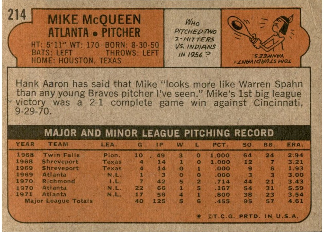1972 Topps #214 Mike McQueen card back