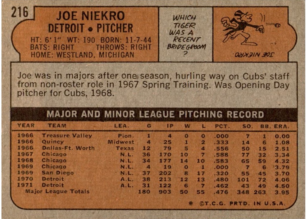 1972 Topps #216 Joe Niekro card back