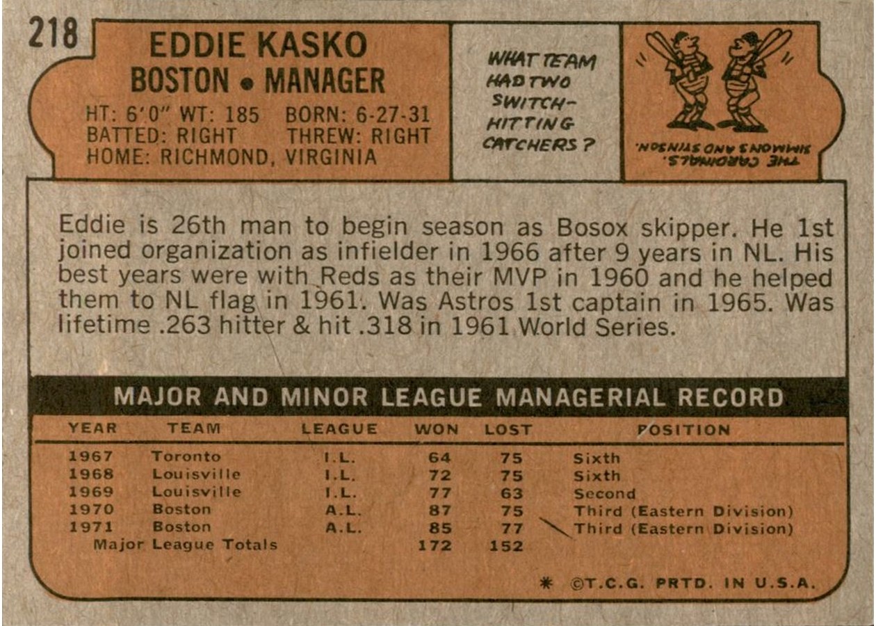 1972 Topps #218 Eddie Kasko card back