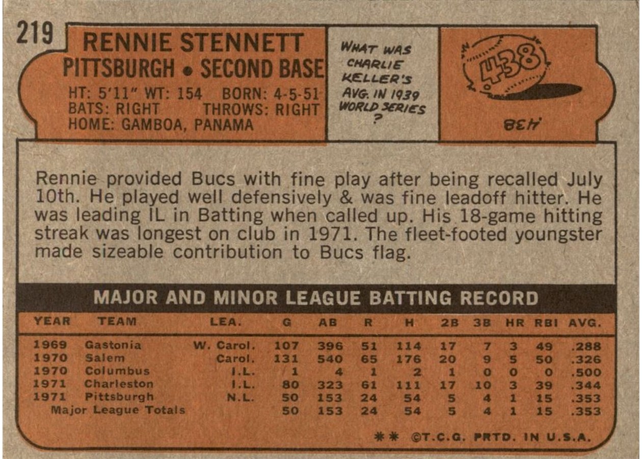 1972 Topps #219 Rennie Stennett card back