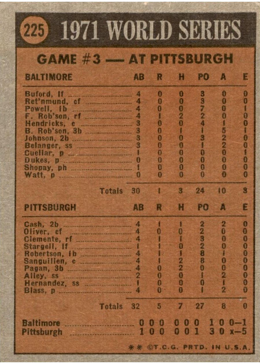 1972 Topps #225 1971 World Series Game No. 3 card back