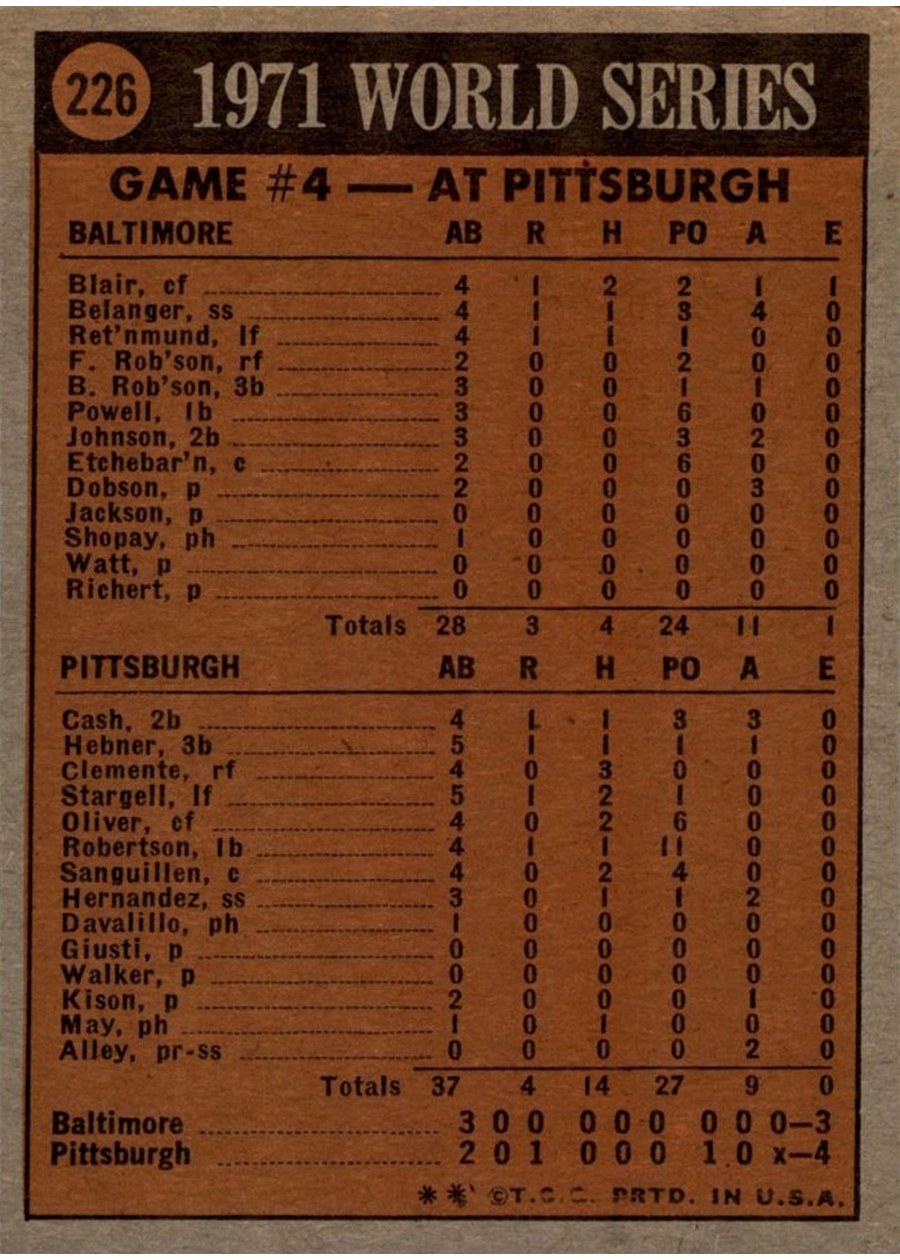 1972 Topps #226 1971 World Series Game No. 4 card back