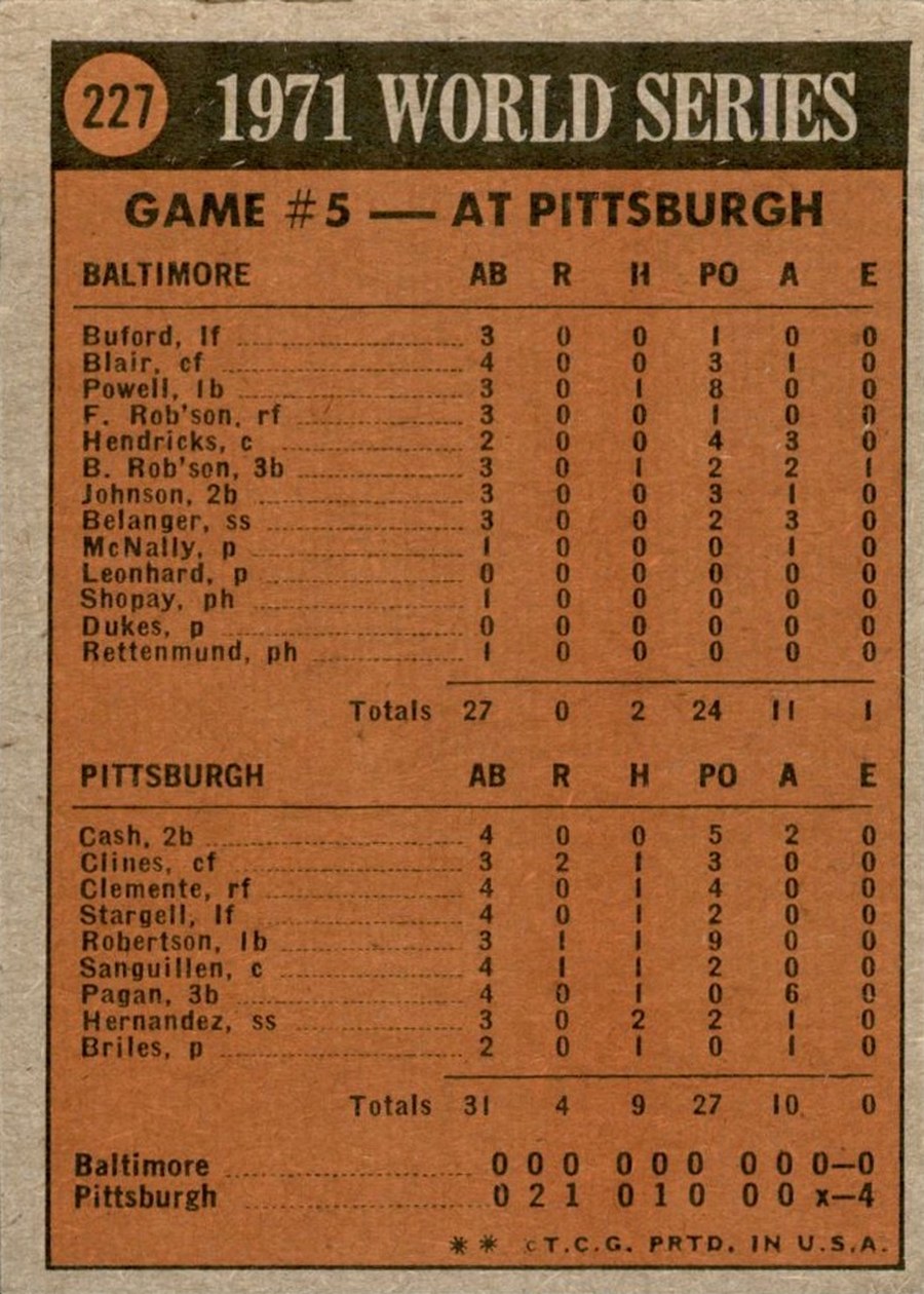 1972 Topps #227 1971 World Series Game No. 5 card back