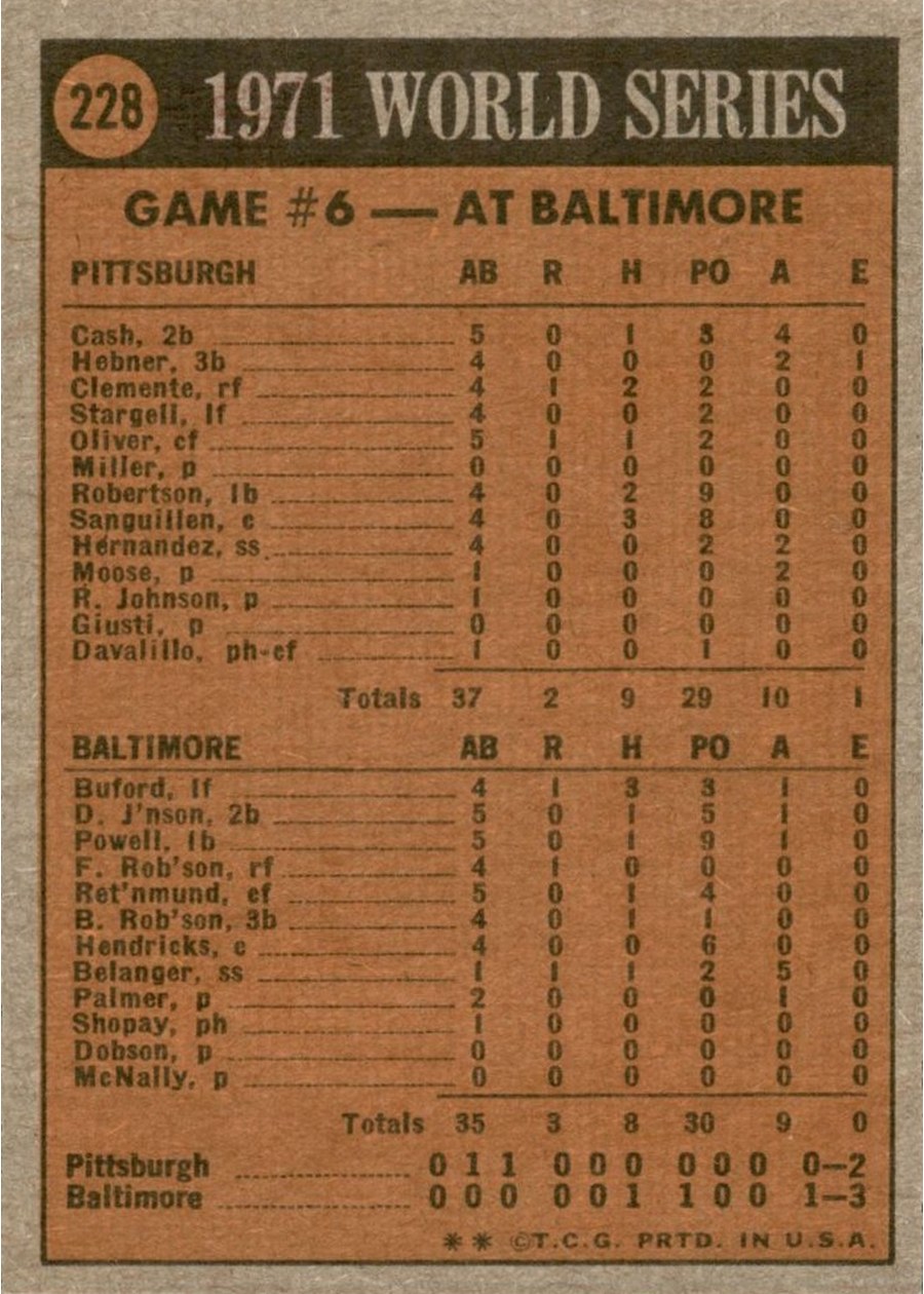 1972 Topps #228 1971 World Series Game No. 6 card back