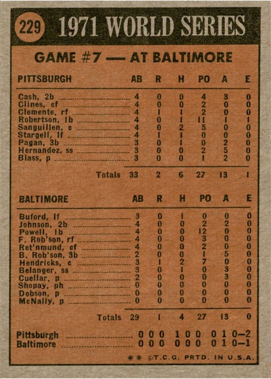1972 Topps #229 1971 World Series Game No. 7 card back
