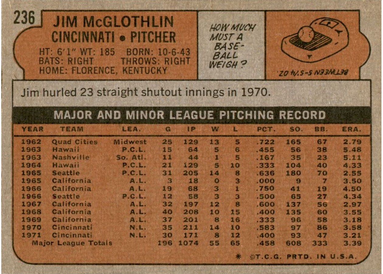 1972 Topps #236 Jim McGlothlin card back